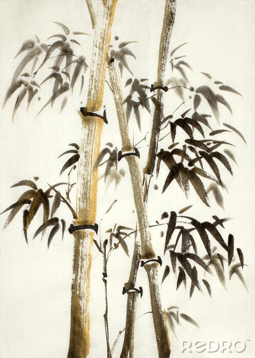 Poster Bambus und Aquarell-Blätter