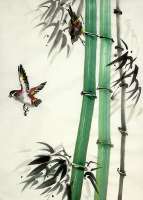 Poster Bambus und gemalte Vögel