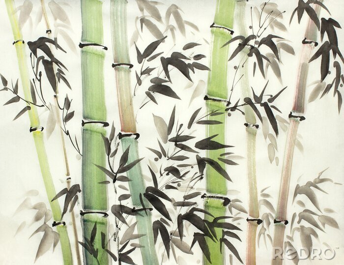 Poster Bambus und Stiele mit schwarzen Blättern