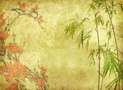 Bambusblätter und bunte Blumen