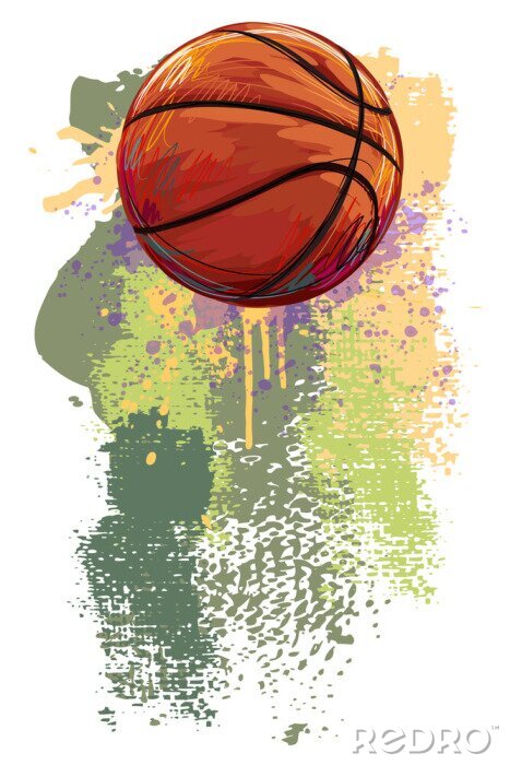Poster Basketball Ball skizziert auf einem Hintergrund von Farbenflecken