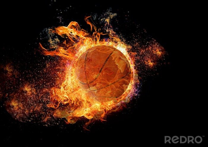 Poster Basketball fliegender Ball in Flammen