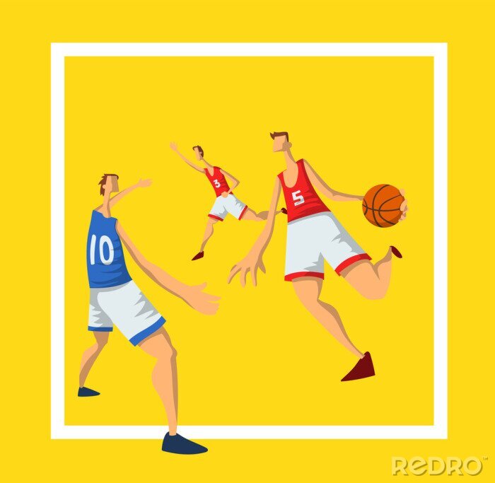 Poster Basketball players in abstract flat style. Men playing with a basketball ball. Design template for sport poster. Vector illustration, isolated on white background.