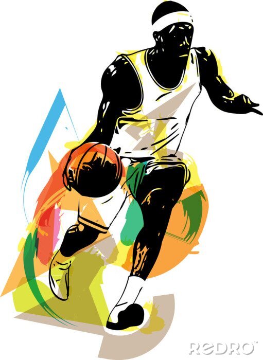 Poster Basketball Spieler, der den Ball kickt