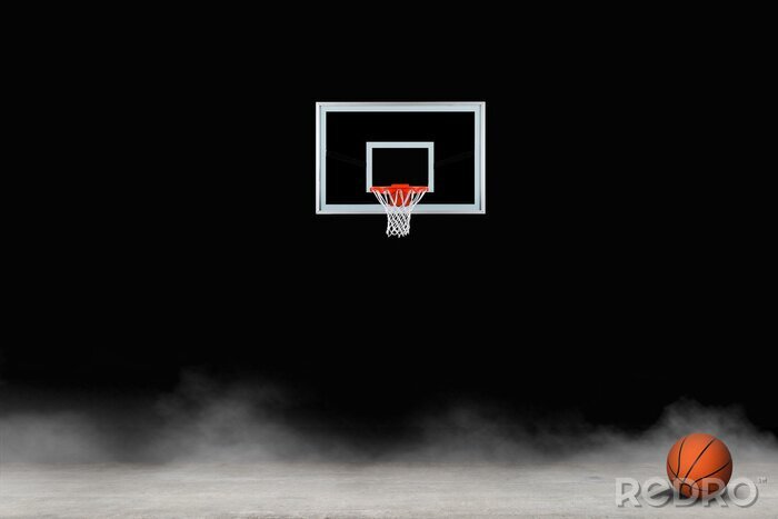Poster Basketballkorb und Ball im Nebel
