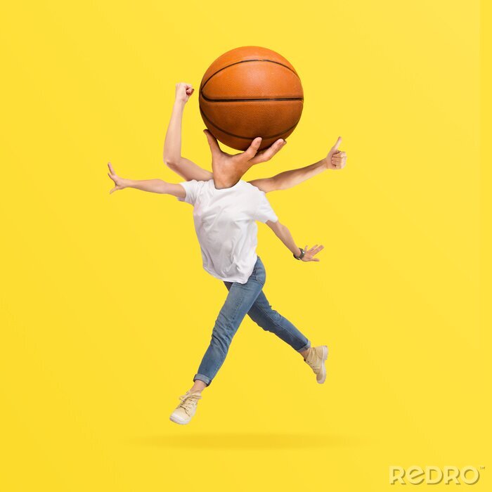 Poster Basketballmotiv und Basketballspieler mit Hand anstelle des Kopfes