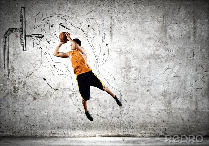 Poster Basketballspieler springt zum Cartoon-Korb