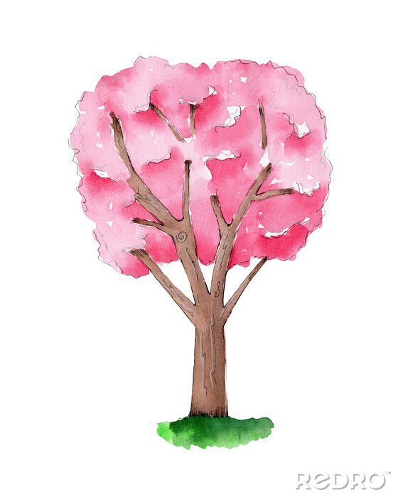 Poster Baum mit rosa Blättern zarte Illustration