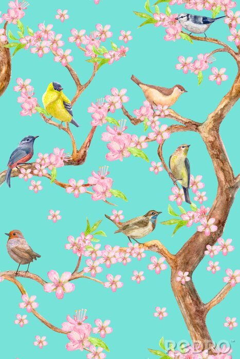 Poster Baum mit rosa Blumen und Vögeln