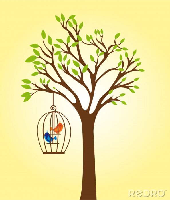 Poster Baum und Vögel in einem Käfig