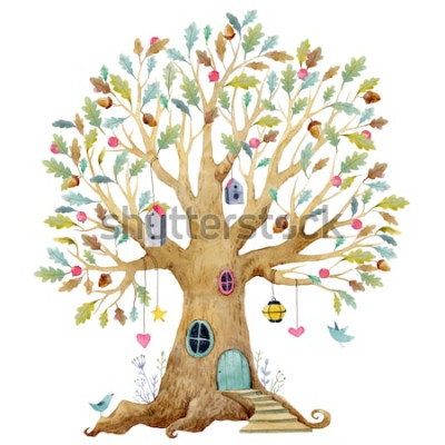 Poster Baumillustration der Aquarellkinder, Stammbaum, genealogischer Baum. süsser Märchenbaum, Kinderillustration