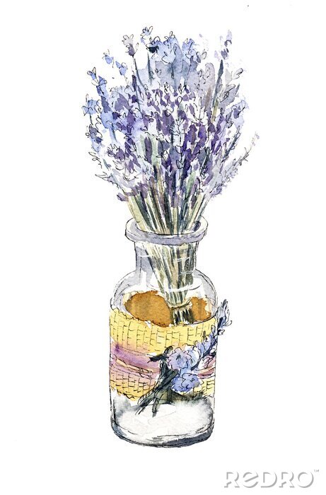 Poster Beautiful bouquet of lavender in a glass bottle. Watercolor illustration on white background