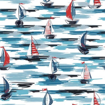 Beautiful Hand drawn brush summer boat,ship in the ocean seamless pattern vector
