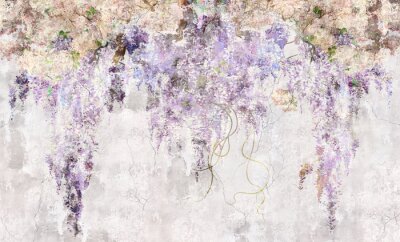 Beautiful lilac branches on the concrete grunge wall. Lilac flowers. Blooming lilac. Floral background in loft, modern style. Design for wall mural, card, postcard, wallpaper, photo wallpaper.