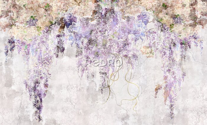 Poster Beautiful lilac branches on the concrete grunge wall. Lilac flowers. Blooming lilac. Floral background in loft, modern style. Design for wall mural, card, postcard, wallpaper, photo wallpaper.