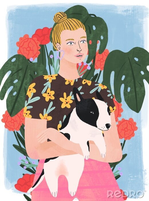 Poster Beautiful stylish blonde woman with bull terrier puppy. Flowers on background. Hand drawn colorful illustration