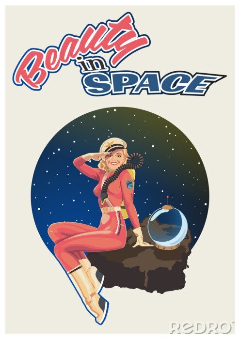 Poster Beauty in Space, Retro Pin Up Girl Illustration, 1940s - 1950s Retro Futurism Style Poster, Woman Astronaut, Space Background