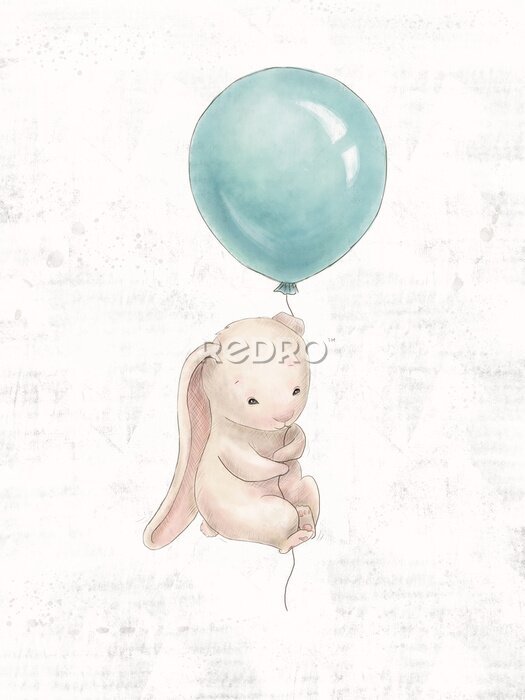 Poster Beigefarbener Hase, der mit einem blauen Ballon fliegt