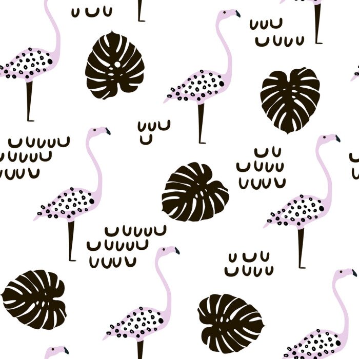 Poster Bemalte Flamingovögel und Monsterblätter