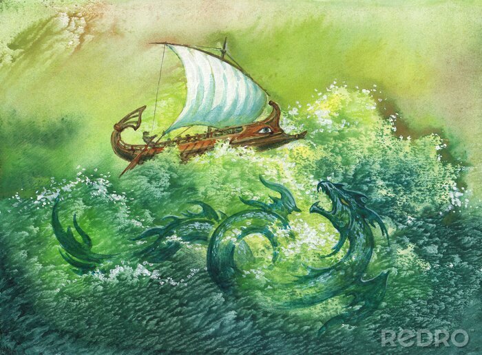 Poster Bemaltes Segelboot mit grünem Wasser