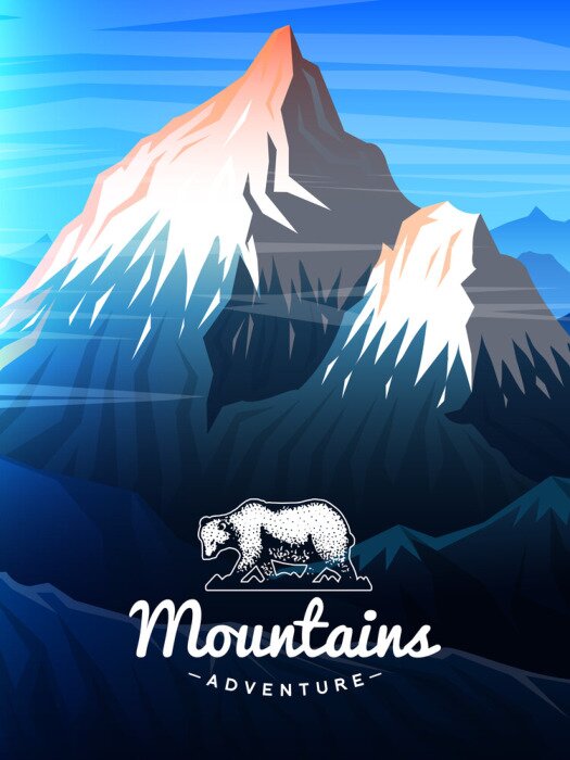 Poster Berge peaks Karte oder Broschüre. Tourismus in der Natur. Landschaft früh bei Tageslicht. Outdoor-Hügel. Vintage Poster oder Hintergrund. Vorlage von Flyer, Buchumschlag und Abzeichen.