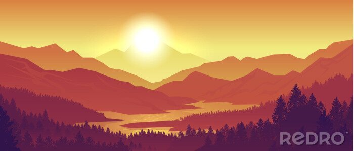 Poster Berge Sonnenuntergang auf Computergrafik