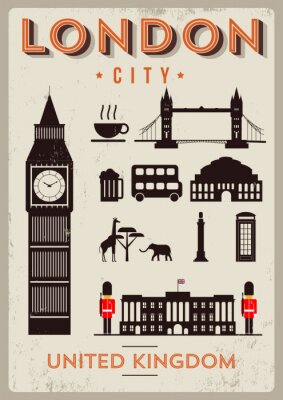Poster Big Ben und andere Londoner Sehenswürdigkeiten im Cartoon-Stil
