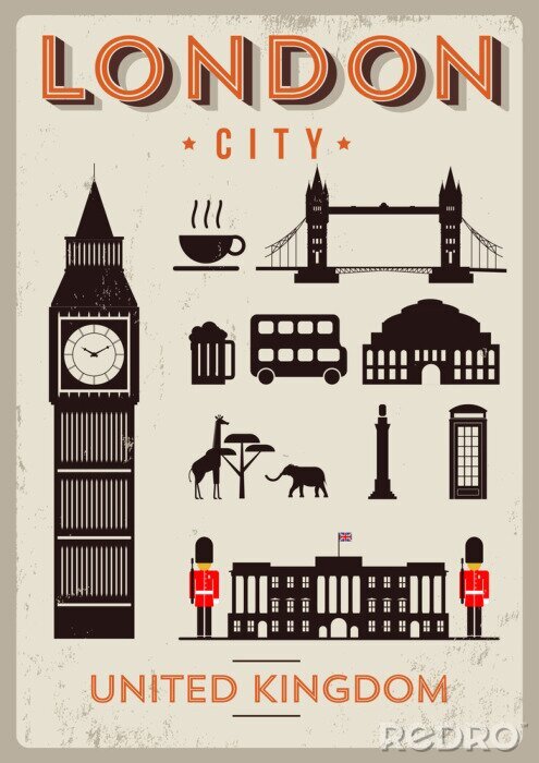 Poster Big Ben und andere Londoner Sehenswürdigkeiten im Cartoon-Stil