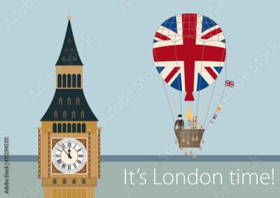Poster Big Ben und ein britischer Flaggenballon im Cartoon-Stil