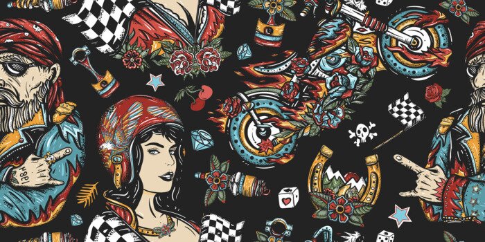 Poster Bikers. Dark seamless pattern. Bearded biker man, burning chopper motorcycle, race flag, rider sport woman. Pin up moto girl, spark plug. Old school tattoo background. Lifestyle of racers
