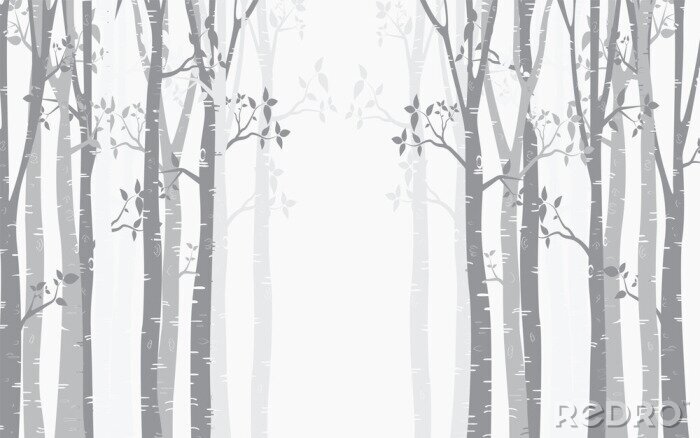 Poster Birkenwald im Nebel verschwunden Illustration