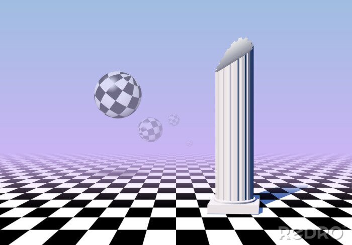 Poster Black and white balls flying over checkered floor with column, pink and blue gradient background in vaporwave aesthetic