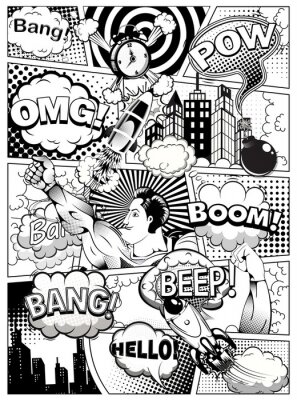 Black and white comic book page divided by lines with speech bubbles, rocket, superhero and sounds effect. Illustration