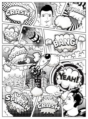 Black and white comic book page divided by lines with speech bubbles, rocket, superhero and sounds effect. Illustration