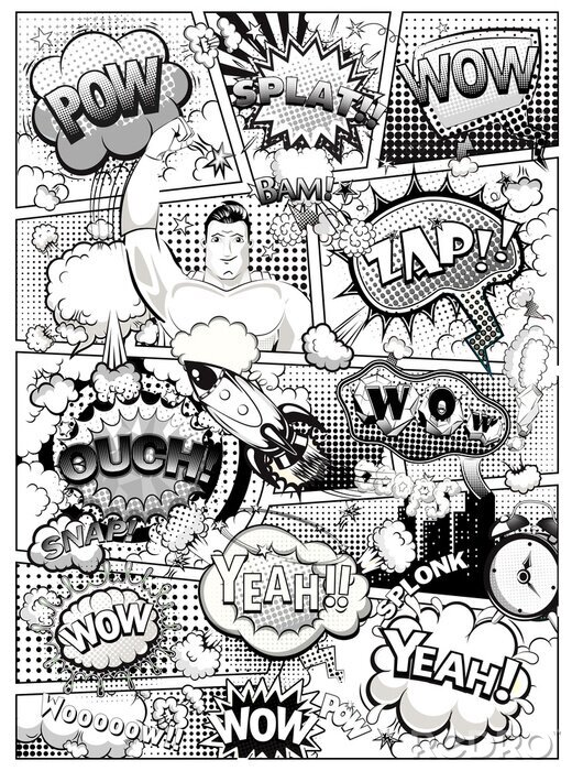 Poster Black and white comic book page divided by lines with speech bubbles, rocket, superhero and sounds effect. Illustration