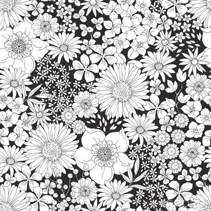 Poster Black and white floral pattern with big and small flowers. Hand drawn vector illustration in vintage style.