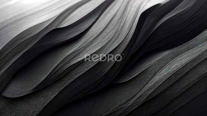 Poster Black textures wallpaper. Abstract 4k background silk, smooth, waves  pattern. Modern clean minimal backdrop design. Black and white high definition. 