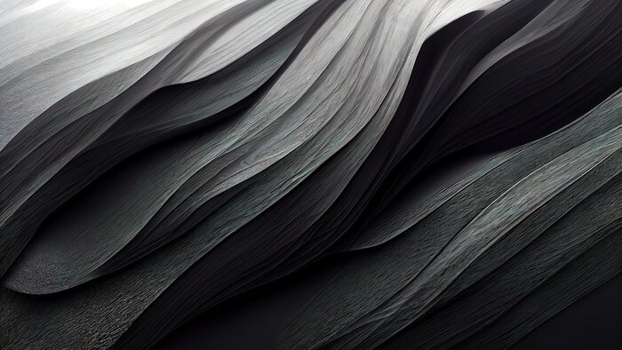 Poster Black textures wallpaper. Abstract 4k background silk, smooth, waves  pattern. Modern clean minimal backdrop design. Black and white high definition. 