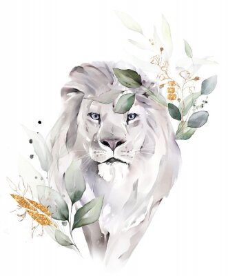 Poster Blätter, die einen Aquarell-Löwen umgeben