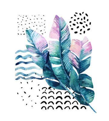 Poster Blätter in türkisfarbenem Aquarell gemalt