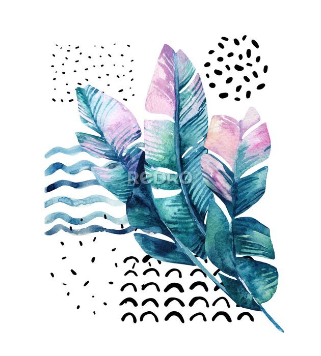 Poster Blätter in türkisfarbenem Aquarell gemalt