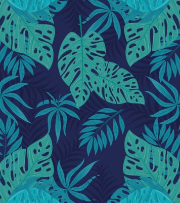 Poster Blaue und grüne Blätter auf dunkelblauem Hintergrund