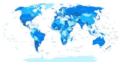 Blaue Weltkarte mit Aufschriften
