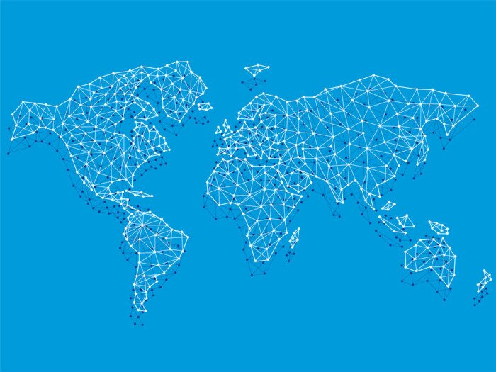 Poster Blaue Weltkarte mit Linien und Punkten