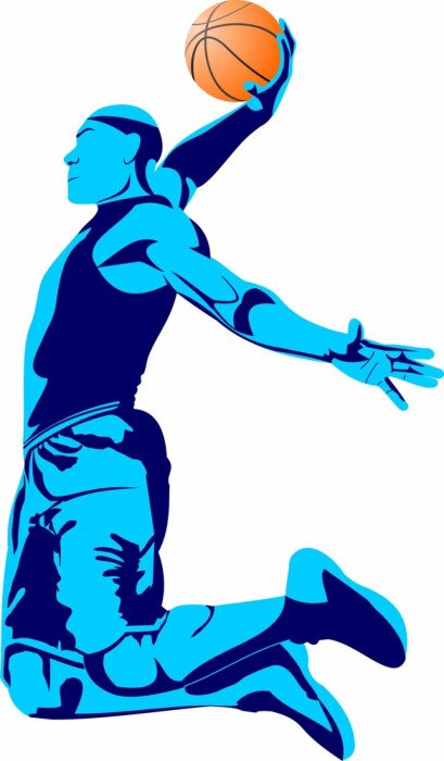 Poster Blauer Basketballspieler mit Ball in Bewegungsgrafik