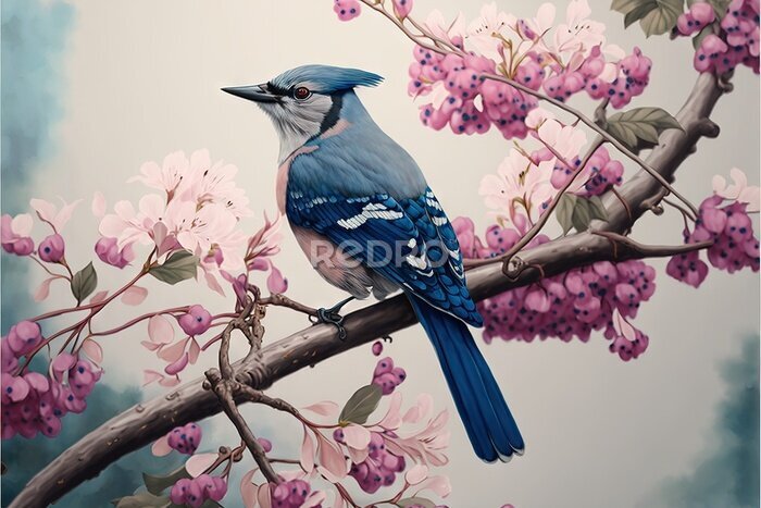 Poster Blauer Vogel auf einem Frühlingsbaumast