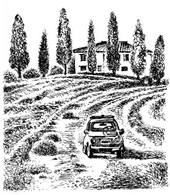 Poster Blick auf die Toskana mit altem Auto
