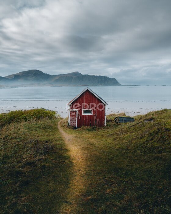 Poster Blick auf ein rotes Holzhaus am Wasser