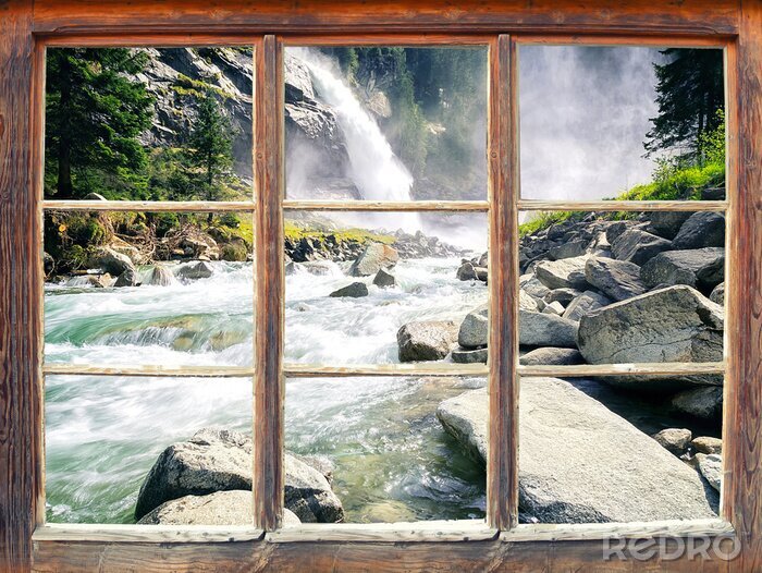 Poster Blick aus einem Fenster auf einen reißenden Fluss und einen Wasserfall