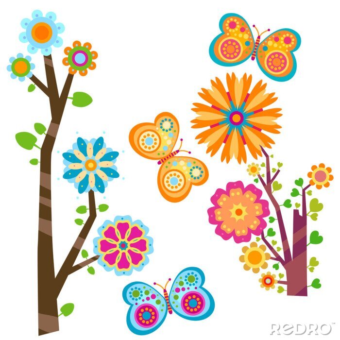 Poster blühende Bäume und Schmetterlinge